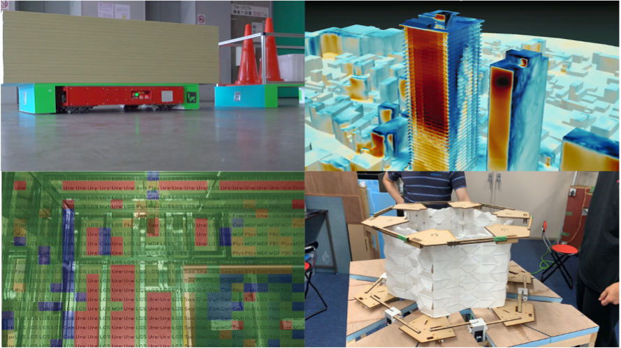 Image collage. Upper left: a pallet of wood on a robotic dolly. Upper right: a heat map of skyscrapers. Lower left: an illustration of code over a schematic. Lower right: a foldable model of a space station.